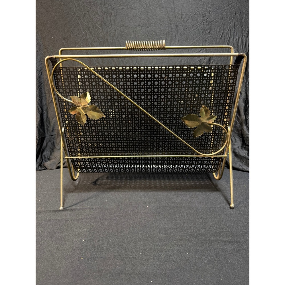 Vintage Mid Century Modern Perforated Metal Magazine Rack Gold Leaf Atomic MCM